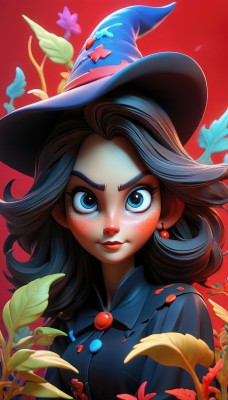 1girl,solo,long hair,looking at viewer,blue eyes,simple background,brown hair,shirt,black hair,hat,jewelry,closed mouth,upper body,flower,earrings,collared shirt,artist name,medium hair,lips,eyelashes,blood,witch hat,leaf,blue shirt,plant,red background,blue headwear,freckles,witch,makeup,lipstick,nose