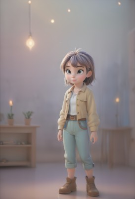 1girl,solo,smile,short hair,brown hair,shirt,black hair,long sleeves,brown eyes,closed mouth,standing,jacket,full body,white shirt,boots,open clothes,belt,pants,artist name,indoors,blurry,black eyes,blurry background,brown footwear,denim,child,jeans,female child,potted plant,brown belt,lamp,shoes,depth of field,plant,light bulb