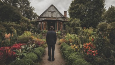 solo,short hair,brown hair,long sleeves,1boy,standing,jacket,flower,male focus,outdoors,sky,shoes,pants,cloud,from behind,black footwear,tree,black jacket,black pants,formal,cloudy sky,suit,plant,red flower,building,nature,scenery,forest,bush,architecture,house,wide shot,east asian architecture,old man,path,garden,black hair,school uniform,day,grass,rope,facing away,black suit,shrine