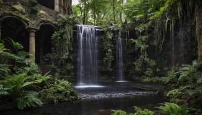 outdoors,day,water,tree,no humans,leaf,sunlight,plant,nature,scenery,forest,light rays,ruins,pillar,waterfall,arch,moss,overgrown,fantasy,landscape