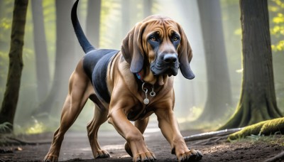 HQ,solo,brown eyes,jewelry,standing,tail,full body,outdoors,day,signature,blurry,tree,no humans,animal,sunlight,grass,nature,forest,dog,realistic,animal focus,dinosaur,looking at viewer,tongue,collar,blurry background,claws,animal collar