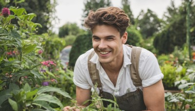 solo,smile,short hair,open mouth,brown hair,shirt,1boy,closed eyes,white shirt,upper body,flower,short sleeves,male focus,outdoors,teeth,day,collared shirt,grin,blurry,leaning forward,depth of field,blurry background,facial hair,leaf,plant,facing viewer,realistic,mustache,overalls,old,arm hair,garden,looking at viewer,dress shirt