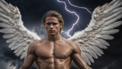 solo,looking at viewer,short hair,blonde hair,1boy,closed mouth,nipples,upper body,male focus,nude,wings,cloud,muscular,abs,pectorals,muscular male,feathered wings,topless male,angel wings,realistic,white wings,angel,lightning,multiple wings,facial hair,bara,large pectorals,veins