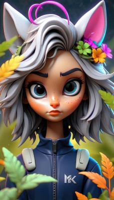 1girl,solo,looking at viewer,short hair,bangs,blue eyes,hair ornament,animal ears,closed mouth,jacket,upper body,flower,ahoge,white hair,grey hair,multicolored hair,outdoors,artist name,cat ears,hair flower,medium hair,blurry,two-tone hair,lips,eyelashes,makeup,depth of field,blurry background,leaf,blue jacket,pink flower,zipper,freckles,yellow flower,zipper pull tab,head wreath,straight-on,watermark,track jacket,nose