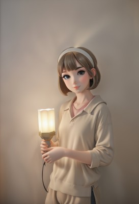 1girl,solo,looking at viewer,smile,short hair,bangs,blue eyes,brown hair,shirt,long sleeves,holding,brown eyes,closed mouth,standing,cowboy shot,hairband,collared shirt,blunt bangs,lips,bob cut,brown background,lantern,white hairband,light,lamp,blush,simple background,collarbone,pants,light smile,pink shirt