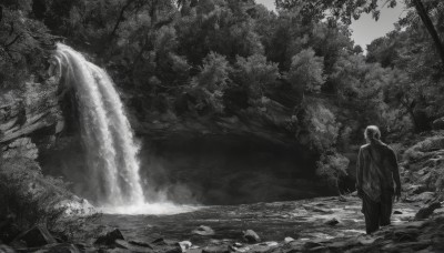 solo,1boy,standing,monochrome,greyscale,male focus,outdoors,water,from behind,tree,nature,scenery,wading,forest,rock,arms at sides,facing away,river,waterfall,pants,landscape,ambiguous gender,cliff