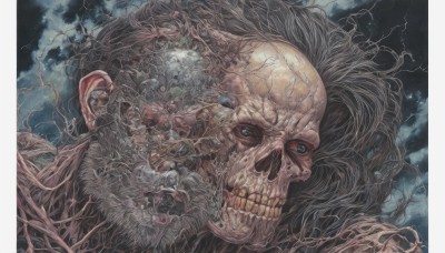 solo,looking at viewer,blue eyes,1boy,male focus,sky,teeth,cloud,no humans,traditional media,skull,monster,realistic,skeleton,bone,lightning,horror (theme),eldritch abomination,tree,night,veins,bald