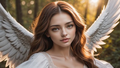 1girl,solo,long hair,looking at viewer,brown hair,dress,brown eyes,closed mouth,collarbone,upper body,wings,white dress,blurry,lips,eyelashes,depth of field,blurry background,wavy hair,portrait,feathered wings,forehead,angel wings,realistic,nose,white wings,angel,cleavage,jewelry,yellow eyes,earrings,outdoors,parted lips,day,sunlight,bokeh