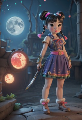 1girl,solo,looking at viewer,blush,short hair,bangs,skirt,black hair,hair ornament,dress,ribbon,holding,bare shoulders,brown eyes,jewelry,closed mouth,standing,full body,weapon,braid,boots,outdoors,sleeveless,sword,artist name,blunt bangs,hair bun,holding weapon,blurry,black eyes,twin braids,flat chest,bracelet,tree,lips,fur trim,double bun,makeup,night,sleeveless dress,blurry background,facial mark,moon,scrunchie,knife,child,night sky,armband,full moon,armlet,female child,ankle boots,bracer,dagger,facepaint,gloves,earrings,sky,blue dress,brown footwear,holding sword,thick eyebrows,brown gloves,dual wielding