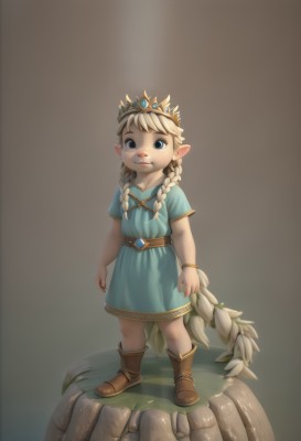 1girl,solo,long hair,looking at viewer,smile,blue eyes,blonde hair,dress,twintails,jewelry,standing,tail,full body,braid,short sleeves,boots,pointy ears,belt,twin braids,bracelet,blue dress,brown footwear,tiara,crown,child,female child,mushroom