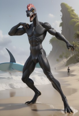 solo,open mouth,1boy,holding,standing,tail,full body,male focus,outdoors,sky,teeth,solo focus,day,tongue,artist name,tongue out,water,tree,bodysuit,muscular,bird,ocean,beach,sharp teeth,skin tight,claws,bulge,sand,palm tree,black bodysuit,black skin,shark,surfboard,dinosaur,wetsuit,1girl,nude,multiple boys,abs,colored sclera,scales,yellow sclera