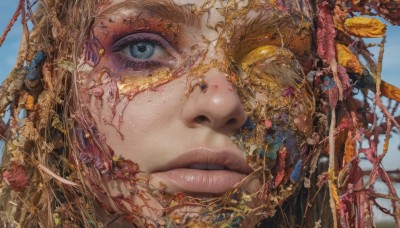 1girl,solo,looking at viewer,open mouth,blue eyes,blonde hair,jewelry,flower,outdoors,parted lips,sky,teeth,day,tongue,tongue out,lips,eyelashes,blood,plant,portrait,close-up,realistic,giant,eye focus,1boy,artist name,blurry,tree,blue sky,freckles