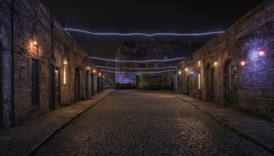 outdoors,sky,tree,no humans,window,night,building,night sky,scenery,stairs,city,fence,electricity,light,road,cityscape,brick wall,lamppost,street,lightning,pavement,fire,plant,fantasy,door,candle,dark,wall,pillar,arch,stone floor,stone wall,brick floor