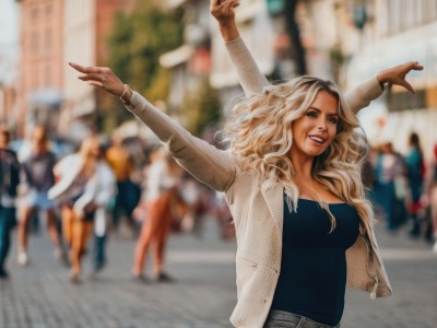 1girl,solo,long hair,breasts,looking at viewer,smile,blue eyes,blonde hair,shirt,long sleeves,jewelry,medium breasts,jacket,upper body,outdoors,parted lips,open clothes,teeth,solo focus,pants,dark skin,necklace,blurry,arms up,bracelet,open jacket,dark-skinned female,lips,depth of field,blurry background,wavy hair,white jacket,outstretched arms,blue shirt,denim,watch,jeans,realistic,wristwatch,photo background,large breasts,belt,grin,makeup,ring,lipstick,crowd