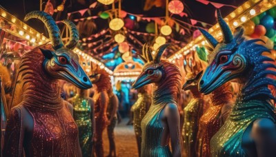 multiple girls,red eyes,dress,upper body,outdoors,horns,sleeveless,blurry,sweater,night,furry,balloon,multiple others,crowd,festival,people,6+others,1girl,breasts,2girls,from side,no humans,mask,depth of field,watermark,lantern,fantasy,antlers,paper lantern,ambiguous gender,banner