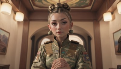 1girl,solo,looking at viewer,short hair,brown hair,brown eyes,jewelry,jacket,upper body,braid,earrings,parted lips,indoors,hair bun,blurry,uniform,lips,military,military uniform,single hair bun,own hands together,interlocked fingers,epaulettes,realistic,nose,lamp,own hands clasped,camouflage,badge,painting (object),camouflage jacket,multicolored hair,two-tone hair,double bun,makeup,thick eyebrows,portrait,straight-on