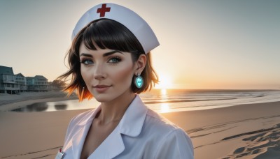 1girl,solo,looking at viewer,smile,short hair,bangs,shirt,black hair,hat,jewelry,closed mouth,collarbone,white shirt,upper body,earrings,outdoors,sky,water,black eyes,lips,grey eyes,eyelashes,ocean,beach,cross,building,backlighting,sunset,realistic,nose,nurse cap,nurse,shore,red cross,blue eyes,makeup,sunlight,thick eyebrows,lipstick,portrait,eyeshadow,labcoat,red lips,sunrise