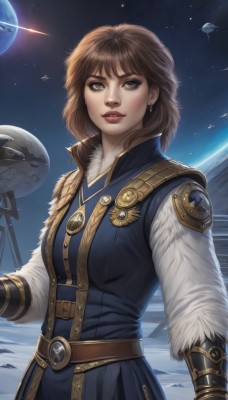 1girl,solo,breasts,looking at viewer,short hair,bangs,brown hair,gloves,long sleeves,dress,brown eyes,jewelry,upper body,earrings,parted lips,sky,belt,signature,medium hair,necklace,lips,coat,fur trim,makeup,night,bird,star (sky),night sky,buckle,starry sky,freckles,realistic,nose,space,planet,earth (planet),spacecraft,shooting star,medium breasts,standing,outdoors,teeth,artist name,eyelashes,lipstick,science fiction,emblem,red lips,badge