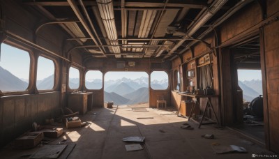 sky,day,artist name,indoors,dated,no humans,window,watermark,chair,table,sunlight,box,scenery,mountain,crate,cloud,book,bottle,paper,cardboard box