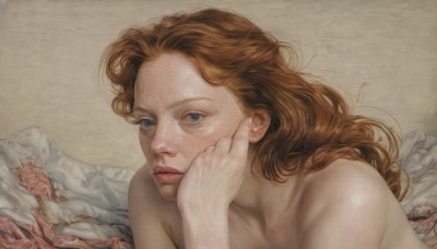 1girl,solo,long hair,looking at viewer,blue eyes,brown hair,nude,mole,lips,traditional media,portrait,freckles,realistic,bare shoulders,closed mouth,collarbone,upper body,eyelashes,bed sheet,wavy hair,expressionless,head rest,nose,painting (medium)