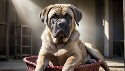 HQ,solo,brown eyes,day,indoors,blurry,no humans,animal,sunlight,dog,light rays,realistic,basket,animal focus,looking at viewer,sitting,outdoors,chair