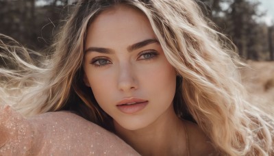 1girl,solo,long hair,looking at viewer,blue eyes,blonde hair,brown hair,jewelry,outdoors,parted lips,teeth,necklace,blurry,tree,lips,grey eyes,eyelashes,depth of field,blurry background,wavy hair,portrait,snow,freckles,realistic,open mouth,green eyes,floating hair,thick eyebrows,close-up,nose