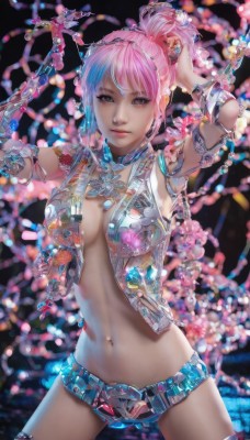 1girl,solo,long hair,breasts,looking at viewer,hair ornament,thighhighs,navel,cleavage,jewelry,medium breasts,blue hair,pink hair,multicolored hair,belt,pink eyes,hair bun,blurry,arms up,lips,realistic,adjusting hair,large breasts,standing,ponytail,cowboy shot,bracelet,chain,piercing,armlet