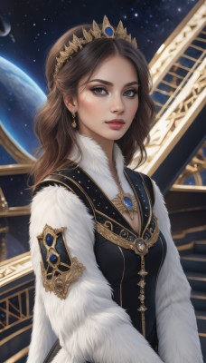 1girl,solo,long hair,breasts,looking at viewer,brown hair,long sleeves,dress,cleavage,brown eyes,jewelry,upper body,earrings,parted lips,sky,necklace,black dress,lips,fur trim,makeup,moon,tiara,crown,lipstick,gem,star (sky),starry sky,gold trim,realistic,red lips,space,planet,earth (planet),parted bangs,stairs,nose