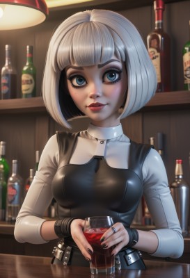 1girl,solo,breasts,looking at viewer,short hair,bangs,blue eyes,holding,jewelry,medium breasts,upper body,white hair,grey hair,parted lips,shiny,artist name,indoors,blunt bangs,nail polish,cup,lips,fingernails,eyelashes,makeup,bob cut,ring,bottle,lipstick,black nails,alcohol,eyeshadow,drinking glass,nose,red lips,glass,eyeliner,wine glass,wine,wine bottle,mascara,bar (place),whiskey,long sleeves,belt,mole,mole under eye,watermark,holding cup,web address,freckles,counter