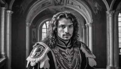 solo,long hair,looking at viewer,1boy,closed mouth,monochrome,upper body,greyscale,male focus,indoors,armor,facial hair,shoulder armor,beard,pauldrons,mustache,pillar,arch,uniform,epaulettes