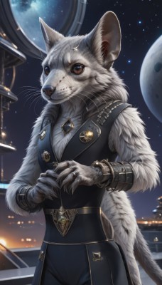 solo,looking at viewer,1boy,animal ears,brown eyes,jewelry,standing,tail,male focus,cowboy shot,sky,belt,pants,artist name,necklace,vest,bracelet,night,animal,black pants,moon,ring,gem,star (sky),night sky,claws,furry,starry sky,colored sclera,furry male,body fur,white fur,whiskers,grey fur,1girl,gloves,teeth,cat ears,no humans,cat,furry female,space,planet