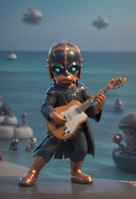 solo,looking at viewer,blue eyes,gloves,long sleeves,1boy,holding,standing,full body,male focus,boots,outdoors,solo focus,belt,pants,water,blurry,coat,black jacket,mask,blurry background,ocean,brown footwear,black pants,helmet,instrument,brown gloves,black coat,aircraft,music,guitar,watercraft,playing instrument,holding instrument,ship,jacket,armor,parody,leather