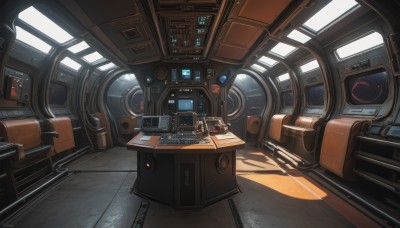 indoors,no humans,window,shadow,chair,table,sunlight,scenery,desk,science fiction,cable,computer,monitor,keyboard (computer),speaker,cockpit,seat,robot,machinery,realistic,light,spacecraft,screen