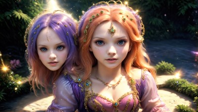 HQ,long hair,breasts,looking at viewer,blue eyes,multiple girls,hair ornament,dress,2girls,cleavage,jewelry,medium breasts,closed mouth,collarbone,upper body,purple hair,short sleeves,outdoors,parted lips,teeth,artist name,water,necklace,orange hair,tree,lips,eyelashes,sparkle,makeup,siblings,sunlight,tiara,plant,sisters,gem,nature,purple dress,freckles,circlet,realistic,nose,bush,flower,red hair,night