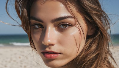 1girl,solo,long hair,looking at viewer,brown hair,brown eyes,outdoors,parted lips,sky,teeth,day,blurry,blue sky,lips,blurry background,ocean,scar,beach,thick eyebrows,portrait,scar on face,close-up,realistic,nose,sand,red lips,eyelashes,depth of field,wind,messy hair,shore