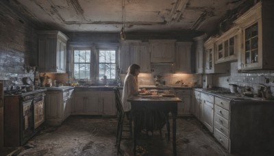 1girl,solo,long hair,short hair,bangs,brown hair,shirt,black hair,long sleeves,dress,sitting,white shirt,day,indoors,cup,book,window,chair,table,bottle,scenery,desk,wide shot,stool,ceiling light,cabinet,food,from side,profile,plate,kitchen,jar,kettle,stove