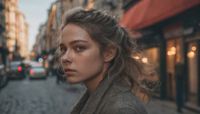 1girl, solo, long hair, looking at viewer, brown hair, outdoors, day, blurry, lips, depth of field, blurry background, ground vehicle, building, motor vehicle, city, realistic, nose, car, road, street