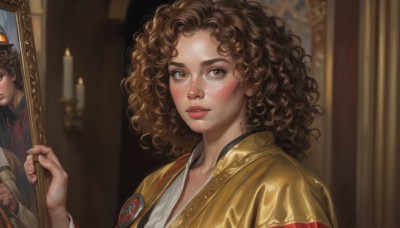 1girl,solo,long hair,looking at viewer,blush,brown hair,hat,brown eyes,upper body,parted lips,indoors,lips,wavy hair,messy hair,freckles,curly hair,robe,mirror,realistic,nose,candle,1boy,blurry,eyelashes,chinese clothes,reference inset