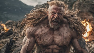 solo,open mouth,blonde hair,1boy,closed eyes,upper body,white hair,male focus,outdoors,teeth,blurry,blood,muscular,blurry background,facial hair,scar,abs,fire,pectorals,muscular male,bara,facing viewer,beard,scar on face,topless male,injury,mature male,mustache,scar across eye,manly,old,chest hair,old man,scar on chest,screaming,wrinkled skin,one eye closed,veins,realistic,explosion,shouting,burning