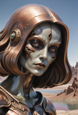 1girl,solo,looking at viewer,short hair,brown hair,brown eyes,collarbone,upper body,outdoors,parted lips,sky,teeth,day,artist name,signature,armor,blue sky,lips,colored skin,headgear,portrait,science fiction,realistic,nose,cyborg,desert,shiny,rock,blue skin