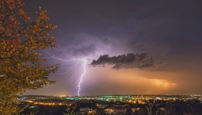 outdoors,sky,cloud,tree,no humans,night,cloudy sky,building,star (sky),night sky,scenery,starry sky,sunset,city,horizon,electricity,cityscape,lightning,landscape,city lights,ocean,leaf,nature,autumn leaves