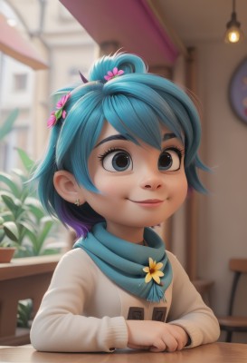 1girl,solo,smile,short hair,bangs,blue eyes,hair ornament,long sleeves,holding,jewelry,closed mouth,blue hair,upper body,ponytail,purple hair,flower,multicolored hair,earrings,artist name,indoors,hair flower,scarf,blurry,two-tone hair,lips,book,eyelashes,window,gradient hair,depth of field,blurry background,watermark,chair,table,thick eyebrows,plant,web address,freckles,realistic,yellow flower,nose,stud earrings,potted plant,blue scarf,looking at viewer,aged down,child