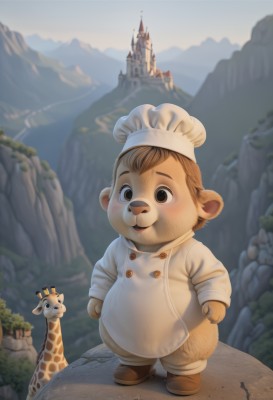 solo,blush,smile,open mouth,brown hair,long sleeves,1boy,hat,brown eyes,standing,tail,full body,male focus,outdoors,blurry,buttons,blurry background,animal,white headwear,brown footwear,furry,mountain,furry male,male child,castle,chef hat,chef,animal ears,sky,no humans,scenery,realistic,fantasy,landscape