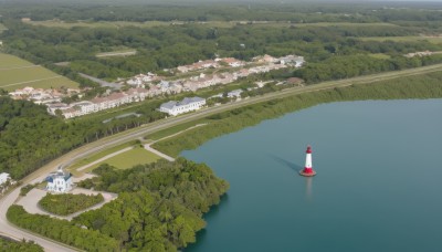 outdoors,day,water,tree,no humans,grass,building,nature,scenery,forest,city,road,cityscape,watercraft,house,bridge,river,boat,landscape,lake,sky,ocean,mountain,bush,street,town,real world location,traffic cone