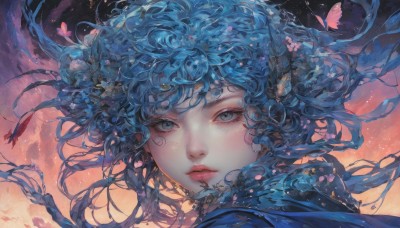 1girl,solo,long hair,looking at viewer,bangs,blue eyes,hair ornament,closed mouth,blue hair,flower,parted lips,sky,hair flower,lips,grey eyes,petals,eyelashes,floating hair,expressionless,bug,wind,butterfly,portrait,nose