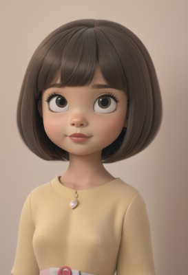 1girl,solo,breasts,looking at viewer,smile,short hair,bangs,simple background,brown hair,shirt,brown eyes,jewelry,closed mouth,upper body,small breasts,belt,blunt bangs,necklace,lips,eyelashes,bob cut,freckles,brown background,yellow shirt,nose,female child,white background,black eyes,realistic