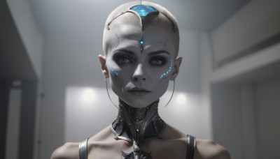 1girl,solo,looking at viewer,short hair,blue eyes,bare shoulders,closed mouth,collarbone,white hair,indoors,blurry,lips,blurry background,portrait,science fiction,realistic,nose,android,cyborg,robot joints,cyberpunk,jewelry,upper body,earrings,pointy ears,dark skin,grey background,eyelashes,makeup,colored skin,backlighting,bald,very short hair,grey skin,forehead jewel,mechanical parts