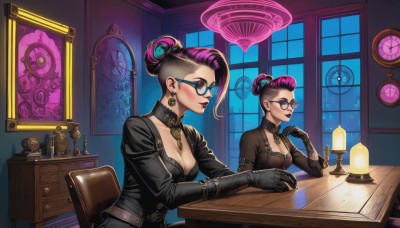 1girl,breasts,blush,smile,short hair,blue eyes,multiple girls,large breasts,brown hair,gloves,long sleeves,2girls,cleavage,jewelry,medium breasts,sitting,closed mouth,pink hair,purple hair,multicolored hair,earrings,glasses,choker,black gloves,belt,indoors,hair bun,collar,two-tone hair,lips,streaked hair,book,window,makeup,chair,table,single hair bun,sunglasses,lipstick,buckle,desk,dual persona,eyeshadow,black-framed eyewear,asymmetrical hair,mirror,round eyewear,clock,lamp,candle,leather,tinted eyewear,mascara,blue-framed eyewear,updo,hourglass,blue-tinted eyewear,black hair,dress,elbow gloves,mole,official alternate costume,mole under eye,alternate hairstyle,phone,bespectacled,nose,alternate hair color,undercut,hair slicked back,hair pulled back,purple lips,over-rim eyewear,black lips,steampunk