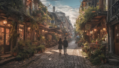 1girl, black hair, 1boy, outdoors, sky, day, cloud, tree, blue sky, window, holding hands, plant, building, scenery, walking, lantern, city, potted plant, road, power lines, street, utility pole, pavement, vanishing point