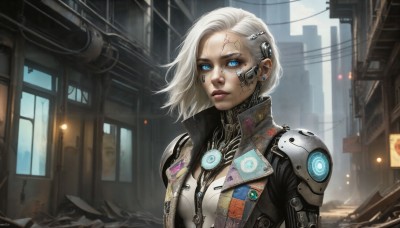 HQ,1girl,solo,breasts,looking at viewer,short hair,blue eyes,hair ornament,jewelry,jacket,upper body,white hair,earrings,outdoors,solo focus,day,lips,bodysuit,makeup,glowing,scar,facial mark,piercing,building,glowing eyes,scar on face,zipper,science fiction,city,realistic,nose,android,unzipped,stud earrings,cable,badge,cyborg,cyberpunk,hairclip,signature,armor,wind,high collar,neon trim